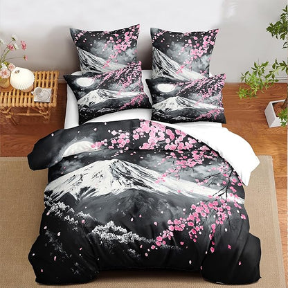 Japanese Cherry Blossom Comforter Set Full Grey Pink Floral Bedding Set for Japan Decor Mount Fuji Bedding Soft Lightweight Comforter Sets with 2 Pillowcases