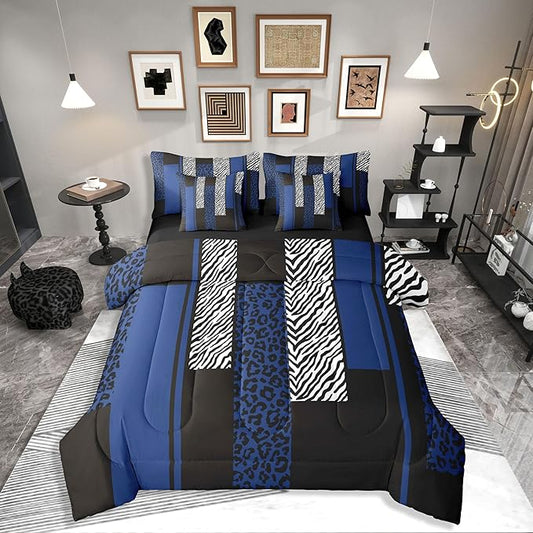 Erosebridal Leopard Print Stripes Blue Black King 7-Piece Comforter Set | Geometric Sheets and Pillowcases Zebra Cheetah Wild Animal Skin Bed in A Bag Women Men Adults Bed Sets