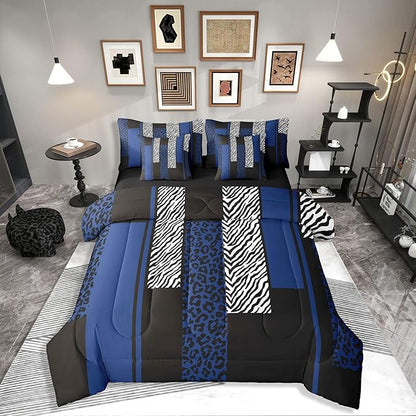Erosebridal Leopard Print Stripes Blue Black Comforter Set Queen Size 7 Pieces | Geometric Bed in A Bag Zebra Cheetah Wild Animal Skin Bed Set Women Men Adults Bedding