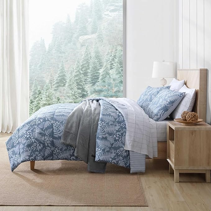 Eddie Bauer - Queen Comforter Set, Soft Reversible Bedding with Matching Shams, Wildflower Inspired Luxurious Bedding Set with Stripe Reverse (Fern Garden Blue, Queen)
