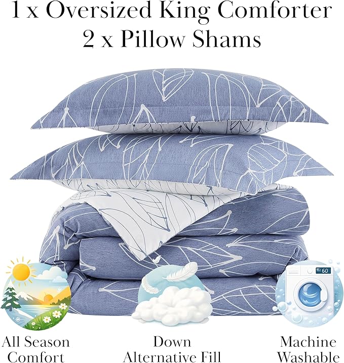 Southshore Fine Living, Inc. Modern Foliage Collection - King Comforter Set, Premium Bedding, All-Season Down Alternative, Soft Coverlet, Oversized 3-Piece Comforter Set King/California Size, Blue