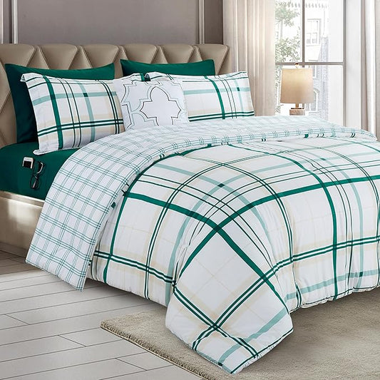 Elegant Comfort 8-Piece Lodge Plaid Reversible Comforter Set - All Season Bed in a Bag, 4-Piece Sheet Set Featuring Smart Pockets, Matching Shams and Decorative Pillow, Full/Queen, Emerald Green