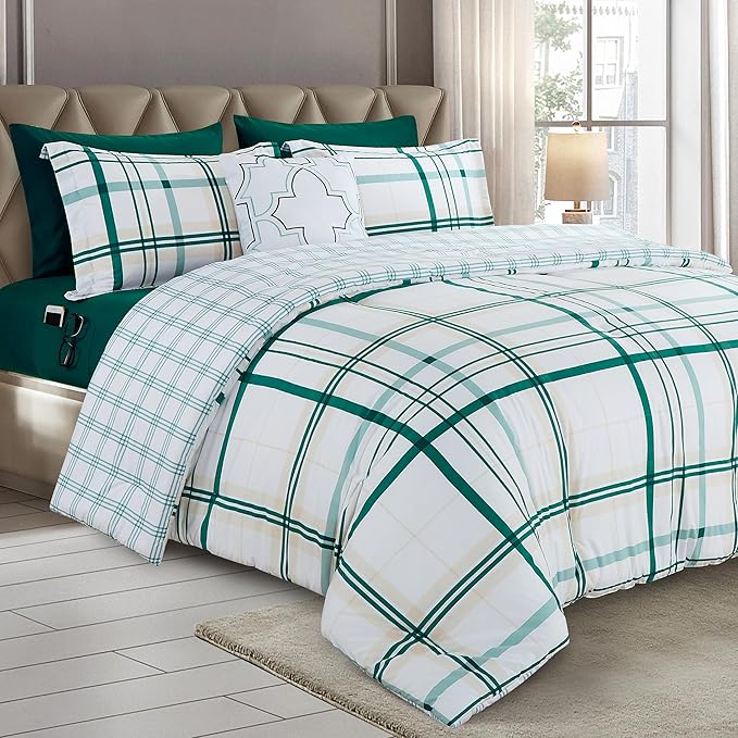 Elegant Comfort 8-Piece Lodge Plaid Reversible Comforter Set - All Season Bed in a Bag, 4-Piece Sheet Set Featuring Smart Pockets, Matching Shams and Decorative Pillow, Twin/Twin XL, Emerald Green