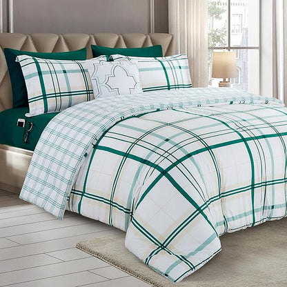 Elegant Comfort 8-Piece Lodge Plaid Reversible Comforter Set-All Season Bed in a Bag, 4-Piece Sheet Set Featuring Smart Pockets,Matching Shams and Decorative Pillow,King/California King, Emerald Green
