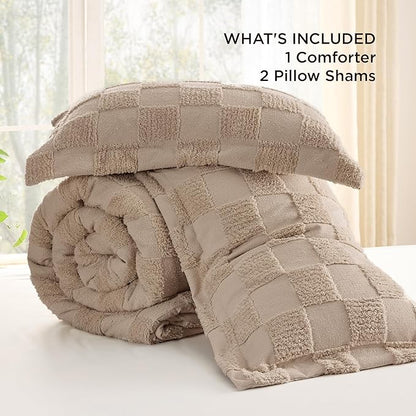 Bedsure Full Size Comforter Set Khaki, Boho Tufted Bed Set, Checkered Farmhouse Shabby Chic Bedding, 3 Pieces, 1 Plaid Geometric Comforter and 2 Pillow Shams