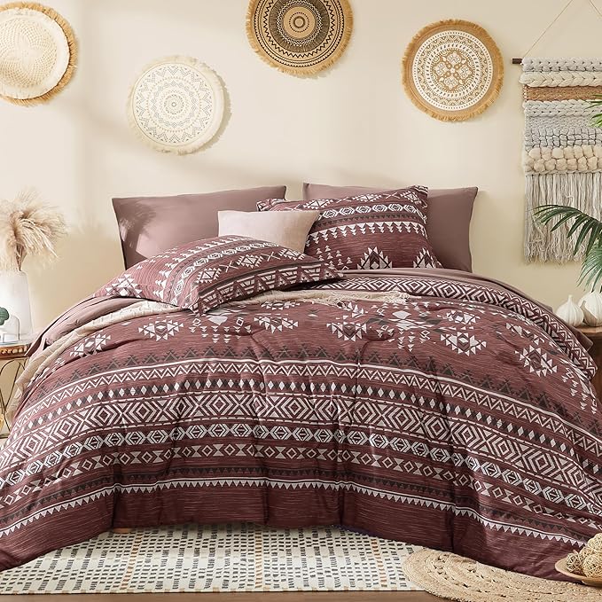 Geniospin Queen Comforter Set - 7 Pieces Bedding Set, Boho Bed in A Bag, Lightweight Soft Aztec Bedding, All Season Bed Comforter Set with Sheets, Pillowcases & Shams