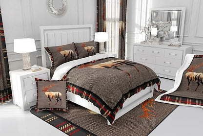 Erosebridal Elk Deer Comforter Set Queen,Hunting Deer Wild Animals Bedding Set for Teens,Western Farmhouse Orange Grey Down Comforter,Nature Antlers Moose Quilted Comforter Bedroom Decor Warm