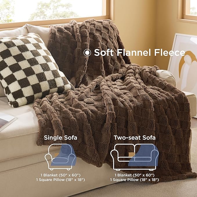 Bedsure Comforter Queen Size 5 Pieces - Queen Size Comforter Set with Checkered Throw Blanket and Decorative Pillow, Lightweiget Bedding, All Season Bedding Sets, Light Camel
