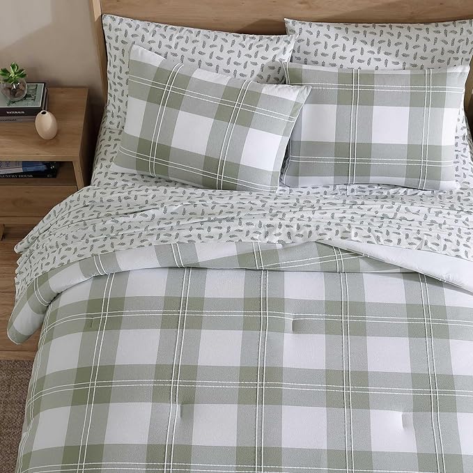 Eddie Bauer - Full/Queen Comforter Set, Premium Cotton Embroidered Bedding with Matching Sham(s), Plaid Bedding Set (Mountain Embroidery Plaid Green, Full/Queen)