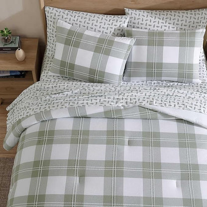 Eddie Bauer - Full/Queen Comforter Set, Premium Cotton Embroidered Bedding with Matching Sham(s), Plaid Bedding Set (Mountain Embroidery Plaid Green, Full/Queen)