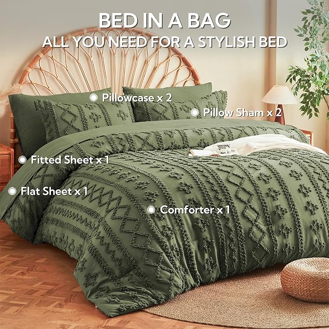 MR&HM Boho Comforter Set King, Olive Green 7 Pieces Bedding Set, Farmhouse Shabby Chic Bed in a Bag with 1 Comforter, 2 Pillow Shams, 2 Pillowcases, 1 Flat Sheet, 1 Fitted Sheet for All Seasons