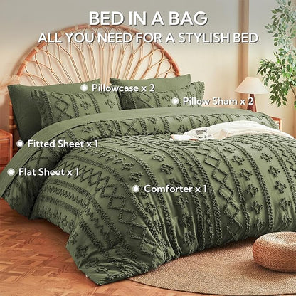 MR&HM Boho Comforter Set King, Olive Green 7 Pieces Bedding Set, Farmhouse Shabby Chic Bed in a Bag with 1 Comforter, 2 Pillow Shams, 2 Pillowcases, 1 Flat Sheet, 1 Fitted Sheet for All Seasons