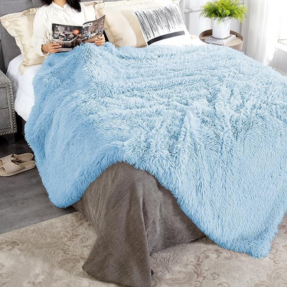 JONIYEAR Oversized Decorative Fluffy Faux Fur Throw Blanket Twin Size 60" x 71",Soft Large Luxury Lightweight Furry Blanket,Accent Cozy Shaggy Plush Thick Warm Fuzzy Blankets for Winter Bed Couch,Blue