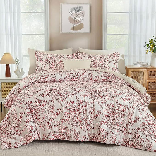 WONGS BEDDING Floral King Size Comforter Set, 8 Pieces Christmas Red Flower Botanical Comforter for All Seasons, Bed in a Bag Elegant Plants Bedding Sets (90"x104")