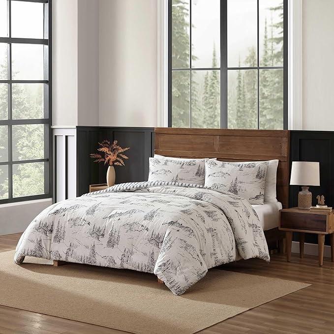 Eddie Bauer - Full/Queen Comforter Set, Reversible Bedding with Matching Sham(s), Super Soft and Cozy Home Decor (Rocky Mountain Cabin Grey, Queen)