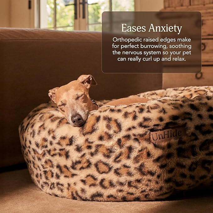 UnHide Floof Pet Bed - XL (40"x14") - Extra Soft Dog Bed - Removable Faux Fur Cover - Machine Washable - Helps Ease Pet Anxiety & Provides The Perfect Sleep - Leopard