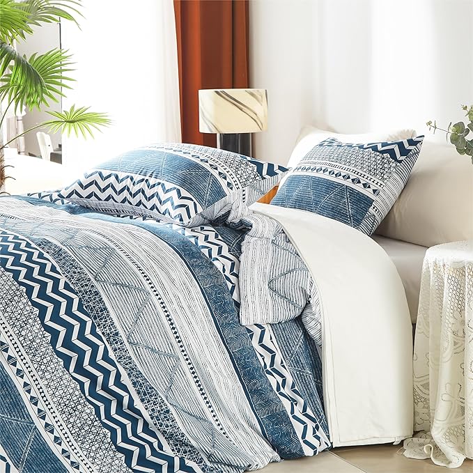 BOLINLIVING Comforter Set Full Size, Boho Bed in a Bag 3 Pieces, Full Soft Bohomian Comforter Set, Lightweight Breathable for All Seasons,1 Comforter & 2 Pillowcases (Blue 79×90 inch)