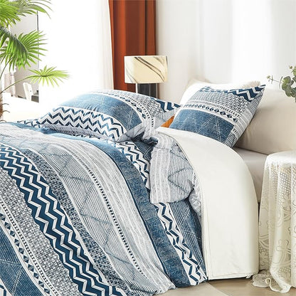BOLINLIVING Comforter Set Queen Size, Boho Bed in a Bag 3 Pieces, Queen Soft Bohomian Comforter Set, Lightweight Breathable for All Seasons,1 Comforter & 2 Pillowcases (Blue 90×90 inch)