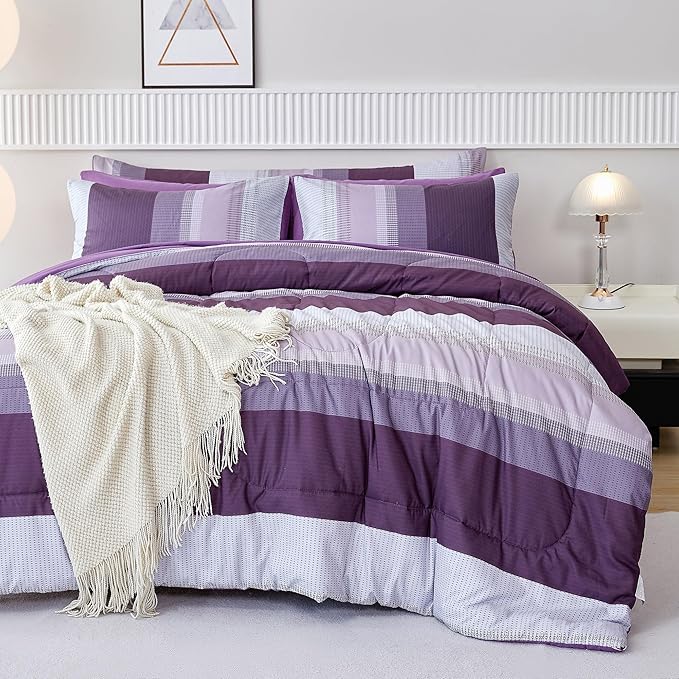 RYNGHIPY Purple Striped Bed in a Bag Queen Size, Lightweight Soft Down Alternative Comforter Set for Men and Boys,8 Pieces Comforter Bedding Set with Sheets Pillowcases (Queen,Purple Grey)