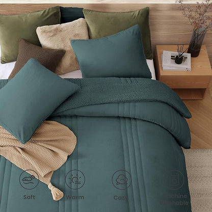 Monbix Fluffy King Size Comforter Set – 3 Piece Cozy Sherpa Comforter King Size Teal, Winter Warm Fleece Bedding Set, Luxury Coco Plush Winter Fuzzy Bed Set, 1 Comforter with 2 Pillowcases
