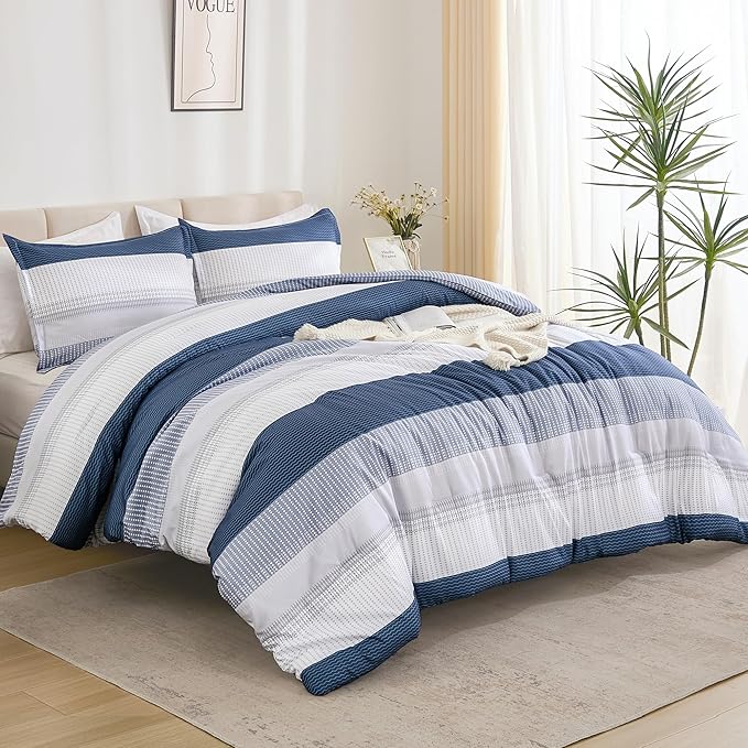Litanika Mineral Blue Comforter Set Super King Plus - 3 Pieces Lightweight Mineral Blue White Colorblock Stripe Fluffy Bedding Comforter Sets, All Season Bed Set