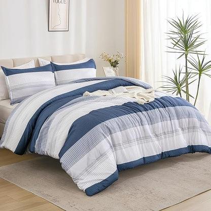 Litanika Mineral Blue Bed Comforter Set Twin Size, 2 Pieces Lightweight Striped Bedding Comforter Set, Soft All Season Down Alternative Comforter (1 Comforter, 1 Pillowcase)