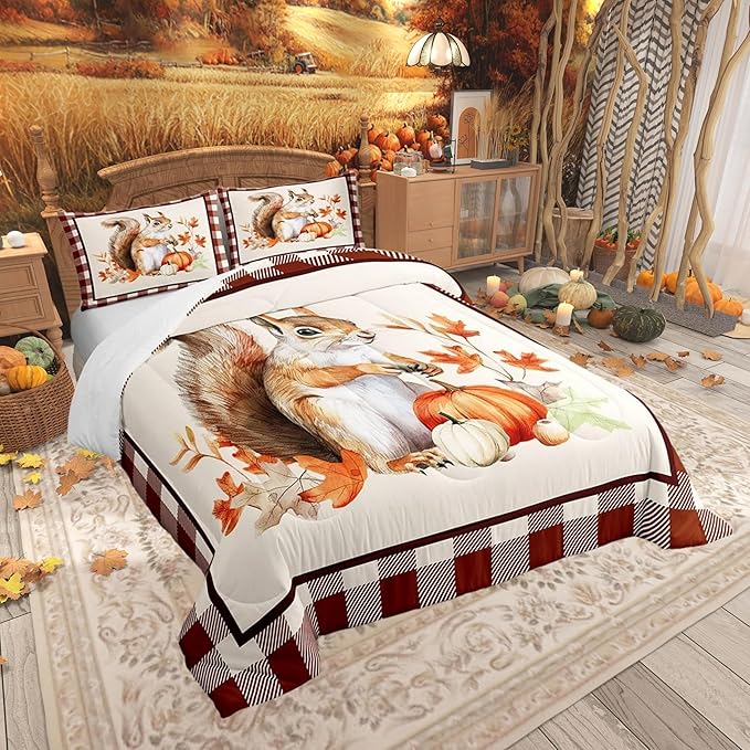 Castle Fairy Fall Pumpkin Maple Leaf Comforter Set for Kids,Autumn Harvest Squirrel Bedding Set Teens Boys Room Decor,Vintage Wood Plank Grid Comforter with 1 Pillowcase for All Seasons,Twin