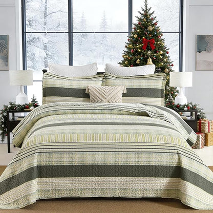 Homzard King Quilt - Cotton Comforter Set King Size, Green Yellow Striped Quilt Set,Olive Green Plaid Bedding Bedspread, Lightweight Farmhouse Comforter 3 Pieces All Season