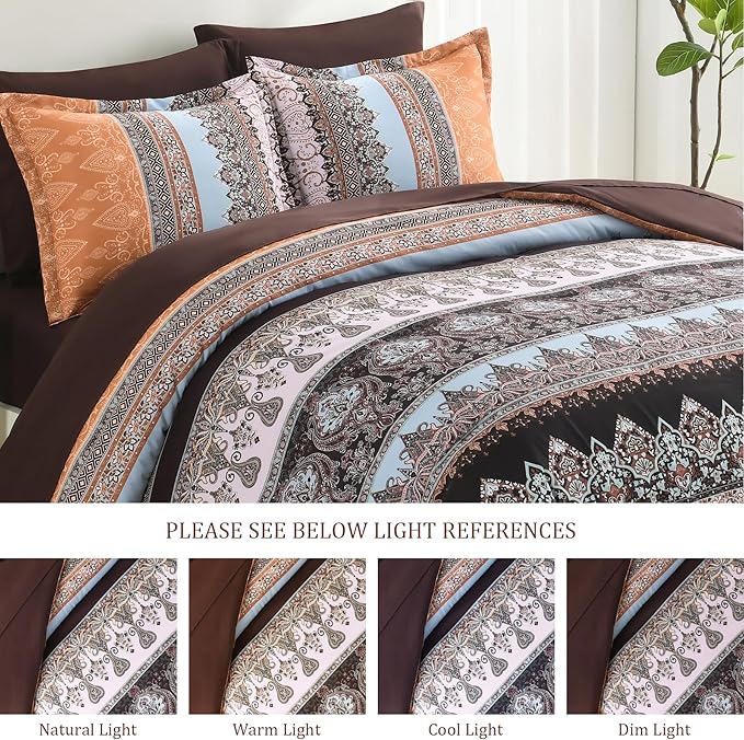 Boho Comforter Set Queen - 7 Pieces Bed in a Bag, Bohemian Striped Comforter Set with Sheets, Soft Microfiber Brown Floral Bedding Set for All Season (Brown, Queen)