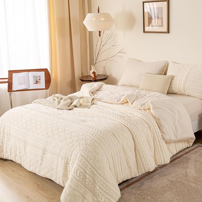 Warm Plush 3D Jacquard Boho Sherpa Fleece Queen Size Comforter Set - Cream Full/Queen Reversible Ultra-Soft Bedding Down Alternative Comforter Set Fluffy Surface for Cozy Autumn Winter Nights