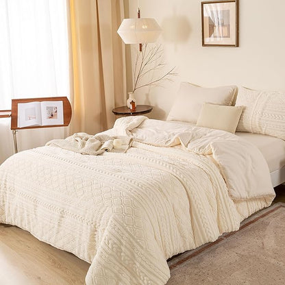 Warm Plush 3D Jacquard Boho Sherpa Fleece Queen Size Comforter Set - Cream Full/Queen Reversible Ultra-Soft Bedding Down Alternative Comforter Set Fluffy Surface for Cozy Autumn Winter Nights