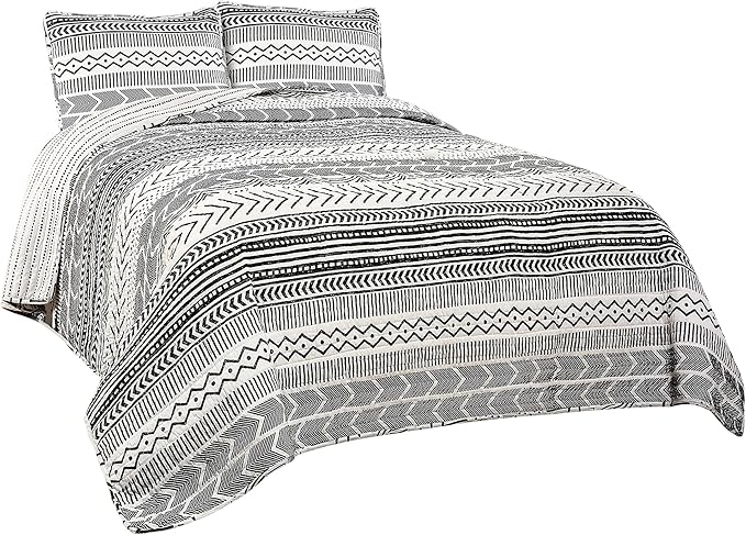 Lush Decor Hygge Geo Pattern Striped 3 Piece Quilt Bedding Set, Full/Queen, Black & White