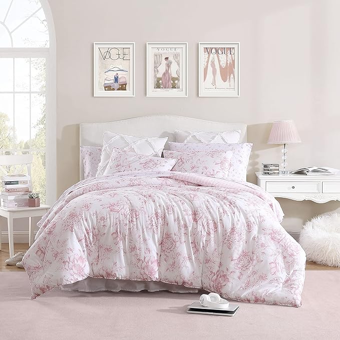 Laura Ashley - Twin Comforter Set, Soft & Reversible Cotton Bedding with a Smooth Feel, Medium Weight for Year Round Comfort, 2 Piece Bed Set with Matching Pillowcase (Delphine Mauve Pink)