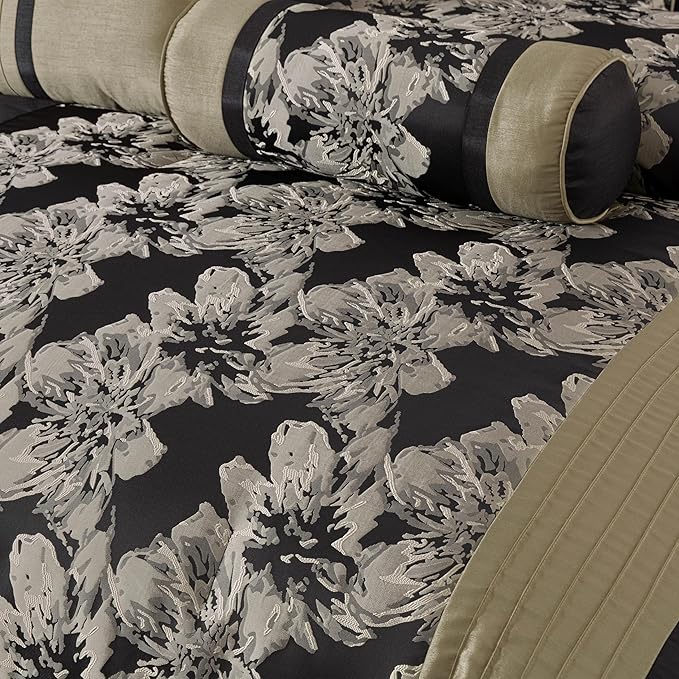 Chezmoi Collection Kelsey Comforter Set Oversized King Size, 7-Piece Black Gold Hibiscus Floral Jacquard Bedding Set