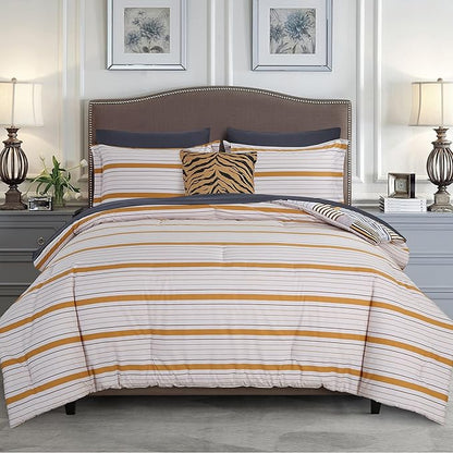 Elegant Comfort 8-Piece Animal Print Patch Reversible Comforter Set All Season Bed in a Bag, 4-Piece Sheet Set Featuring Smart Pockets, Matching Shams and Decorative Pillow, King/California King, Gold