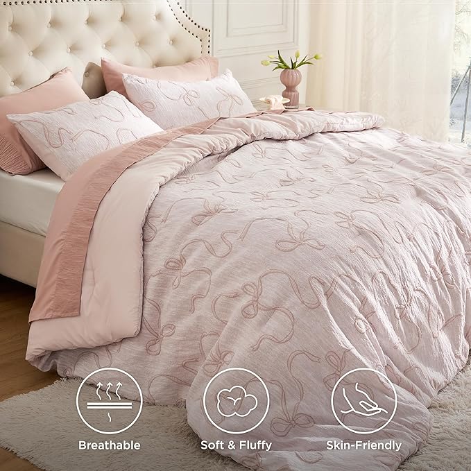 Bedsure Full Size Comforter Sets, GentleSoft™ 3 Pieces Bow Cute Bedding Pink Room Decor Aesthetic, Full Size Bedding Sets Gifts for Her, 1 Pink Comforter, 2 Pillow Shams, 82x86 Inches