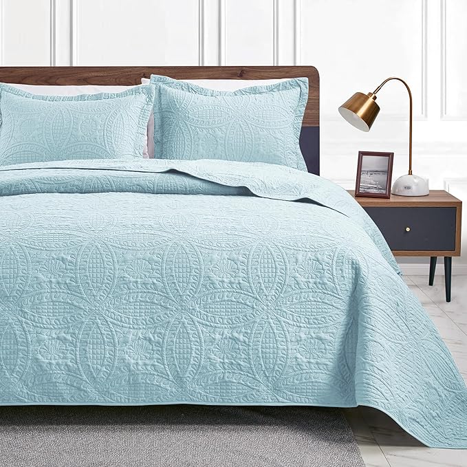 Love's cabin Quilts for Full Bed Spa-Blue Bedspreads Bedding Set - Lightweight Bedspread Comforter - Coin Pattern Bedding Coverlet for All Season - 3 Pieces (1 Quilt, 2 Pillow Shams)