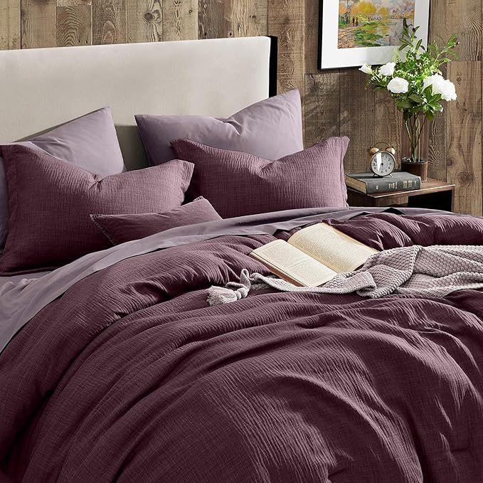 Geniospin Purple Full Comforter Set - 7 Pieces Eggplant Comforter Full Size, Solid Bedding Set for All Season, Textured Bed in a Bag with Sheets