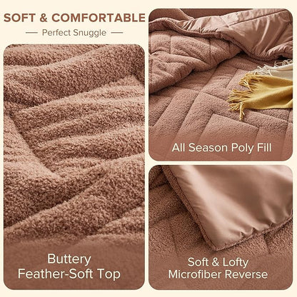 Comfort Spaces King Comforter Set Reversible Feather-Soft Plush Comforters for King Size Bed All Season Lightweight Shearling Fleece Sherpa Comforter King Size Bed Set, King/Cal King, Brown 3 Piece