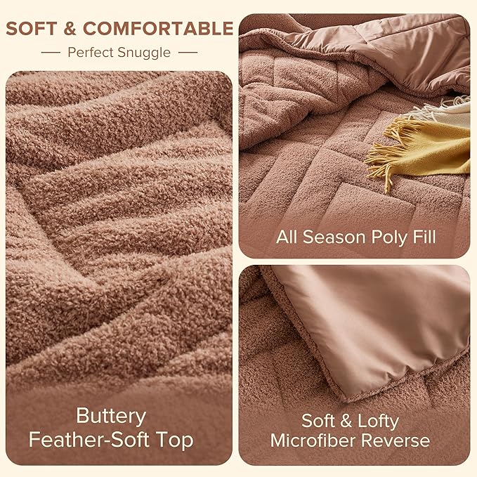 Comfort Spaces Queen Comforter Set Reversible Feather-Soft Plush Comforters for Queen Size Bed All Season Lightweight Shearling Fleece Sherpa Comforter Queen Size Bed Set, Full/Queen, Brown 3 Piece