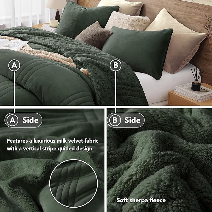 Monbix Fluffy Full Comforter Set Deep Forest, Sherpa Plush Fuzzy Comforter 3 Piece for Full Size Bed, Luxury Soft Winter Warm Bedding Set