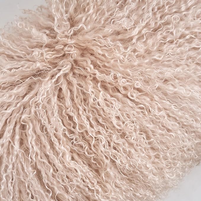 Genuine Mongolian Lamb Fur Pillow Cover – 12"x20" Rectangular Cushion Case – Soft Curly Wool Decorative Accent for Sofa, Bed, or Chair (Dusty Pink)