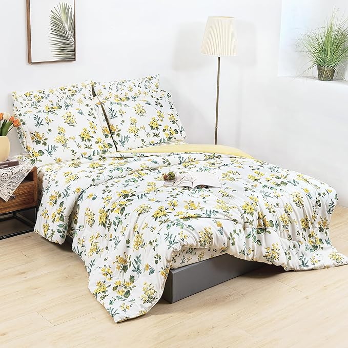 Floral Queen Comforter Set with Sheets, 7 Piece Luxury Vintage Bedding, Soft Microfiber Bed in a Bag, Cozy Lightweight Bed Set, Yellow Flower Green Leaves