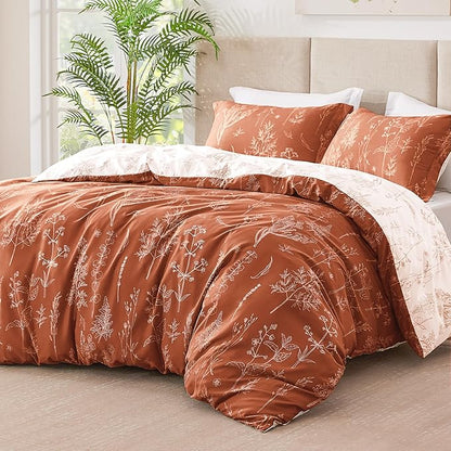 Love's cabin Terracotta Comforter Set Queen - Queen Size Comforter Set, 3 Pieces Cute Floral Bedding Sets for All Seasons,1 Soft Reversible Botanical Flowers Comforter and 2 Pillow Shams