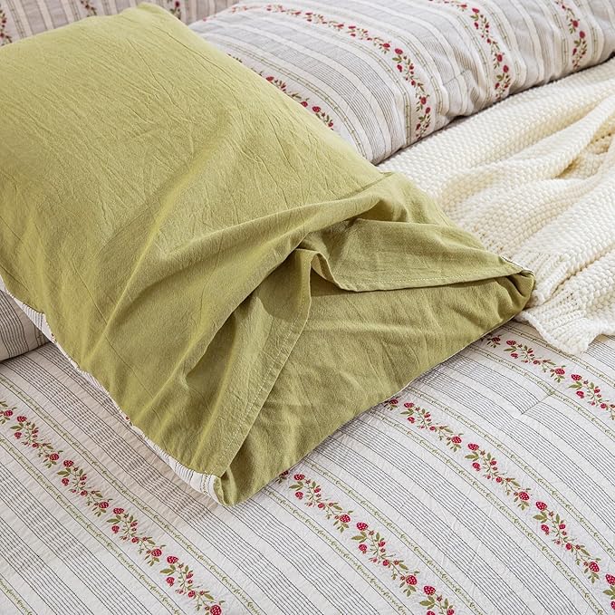 100% Cotton Jacquard Comforter Set, Striped Floral Print, Soft Lightweight Reversible 3 Piece Bedding Sets for All Season, King(104"x90")