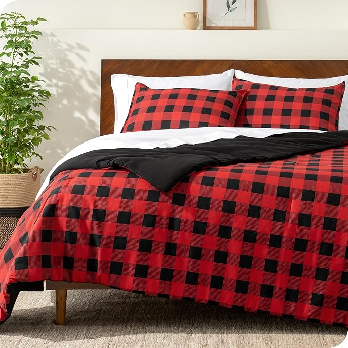 Bare Home Comforter Set - Queen Size - Ultra-Soft - Goose Down Alternative - Premium 1800 Series - All Season Warmth Comforter (Queen, Buffalo Plaid - Red/Black/Black)