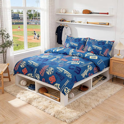 MWMWMW Boys Baseball Comforter Set Full, 3 Pcs Sports Bedding Sets for Boys, Blue Baseball Printed Bedding Set Full for Kids & Teens Includes 1 Comforter and 2 Pillowcases