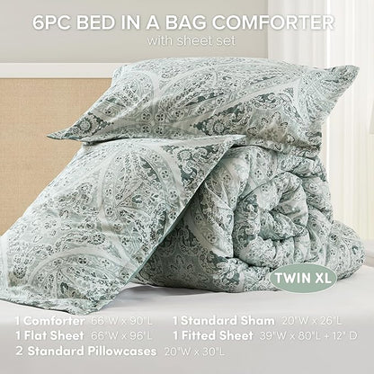 Comfort Spaces Bed in A Bag Comforter Set - Trendy Casual Design Twin XL Comforter with Complete Sheet Set with Side Pocket, All Season Comforter, Shams, Gloria, Twin XL Green 6 Piece