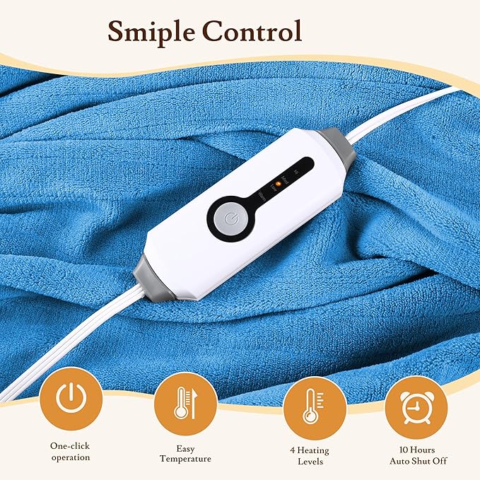 Electric Heated Blanket 62"x84" Twin Size Flannel Fleece - 4 Heat Settings & 10H Auto Shut Off for Safe Overnight Use, Fast Heating, Machine Washable for Bed, Couch, Office - Lake Blue