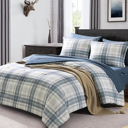 MaiRêve Plaid Full Comforter Sets, Blue Grey Grid Farmhouse Bedding Set Bed in A Bag, Classic Checkered Comforter Sets with Fitted & Flat Sheet, Pillowcases & Shams(Blue Grey, 80"x90")